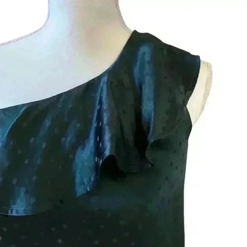 Madewell Silk Dark Green Polka Dot One Shoulder Dress - Size 00 - Picture 2 of 4